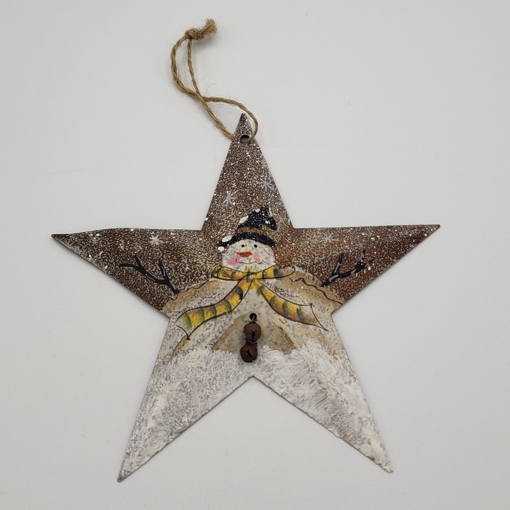 Vintage Rustic Star with Hand‎ Pained Snowman Ornament  with  Bell Accents